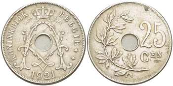 БЕЛЬГИЯ 25 САНТИМОВ 1921 BELGIE KM 69 медно-никель 210-1053
