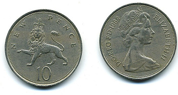 Великобритания 10 пенсов 1968 Елизавета II (1952-2022) KM 912, Spink 4231 (F1) медно-никель  4110-1132