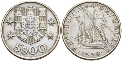 Португалия 5 эскудо 1979 парусник KM 591 медно-никель  UNC  4161-811