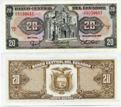 ЭКВАДОР 20 СУКРЕ 1988 Pick 121Аа бумага UNC (ПРЕСС) 7547-35-3