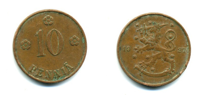 Финляндия 10 пенни 1927 республика (1918-1962) KM 24 медь 46-1552
