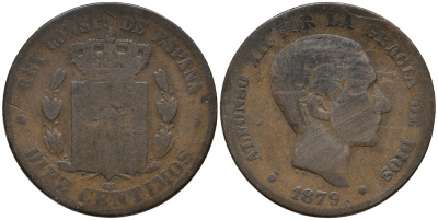 ИСПАНИЯ 10 СЕНТИМО 1879 OM, АЛЬФОНСО XII (1874-1885) KM 675 (Y70) бронза 32-636