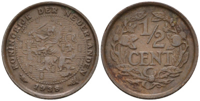 Нидерланды 1/2 цента 1938 Вильгельмина (1890-1948) KM 138 бронза 4588-962