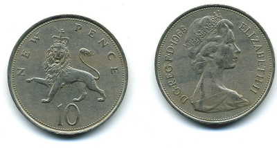 Великобритания 10 пенсов 1968 Елизавета II (1952-2022) KM 912, Spink 4231 (F1) медно-никель  4110-1132