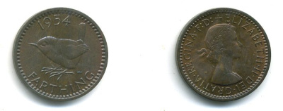 Великобритания 1 фартинг 1954 Елизавета II (1952-2022) KM 895, Spink 4159 бронза 35-745