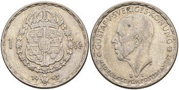 Швеция 1 крона 1943 G, Густав V (1907-1950) KM 814 серебро 4148-1014