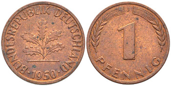 ФРГ 1 ПФЕННИГ 1950 J KM 105, J. 380 сталь плакированная медью 116-339