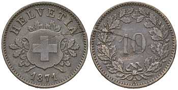 Швейцария 10 раппенов 1871 B, редкий год - тираж 844.000 экземпляров KM 6 серебро 4160-1122