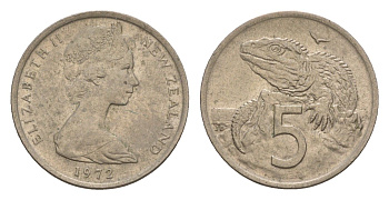 Новая Зеландия 5 центов 1972 Елизавета II (1952-2022), ящерица гаттерия KM 34.1 медно-никель 4655-1154