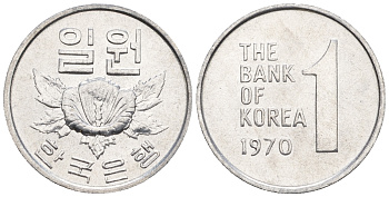 Южная Корея 1 вона 1970 роза шарона KM 4a алюминий  UNC  4151-256