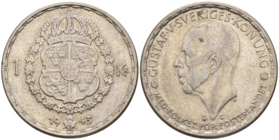 Швеция 1 крона 1943 G, Густав V (1907-1950) KM 814 серебро 4148-1014