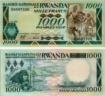Руанда 1000 франков 1988 ритуальные танцы, гориллы, озеро Pick 21 бумага аUNC 00-00