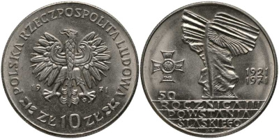 Польша 10 злотых 1971 MW, 50 лет битве за Верхнюю Силезию KM 64 медно-никель UNC 180-311