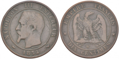 ФРАНЦИЯ 10 САНТИМОВ 1854 W, НАПОЛЕОН III (1852-1870) KM 771.7, LE FRANC 133.17 бронза 4403-442