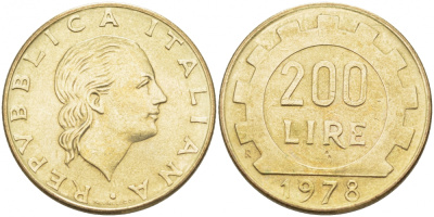 Италия 200 лир 1978 R, шестерня KM 105 алюминиевая бронза 3718-434