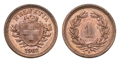 Швейцария 1 раппен 1902 B KM 3.2 бронза 1529-515