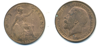 Великобритания 1 пенни 1912 Георг V (1910-1936) KM 810, Spink 4051 бронза 83-536