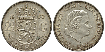 Нидерланды 2 1/2 гульдена 1960 Юлиана (1948-1980) KM 185 серебро 443-1122