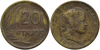 ПЕРУ 20 СЕНТАВО 1952 KM 221.2b латунь 4395-253