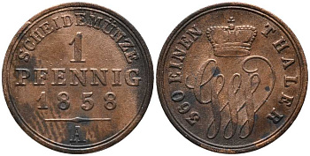 Шаумбург-Липпе 1 пфенниг 1858 А, Георг Вильгельм (1787-1860) KM 37 медь 116-841