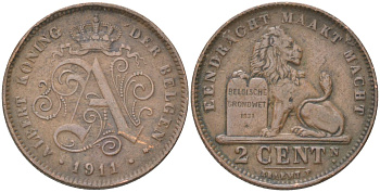 Бельгия 2 сантима 1911 BELGEN, Альберт I (1910-1934) KM 65 медь 4613-849