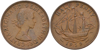 Великобритания 1/2 пенни 1959 Елизавета II (1952-2022) KM 896, Spink 4158 бронза 4153-841