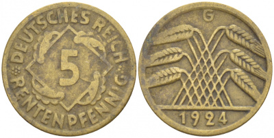 ГЕРМАНИЯ 5 РЕНТЕНПФЕННИГОВ 1924 G, KM 32, J. 308 алюминиевая бронза 4532-546