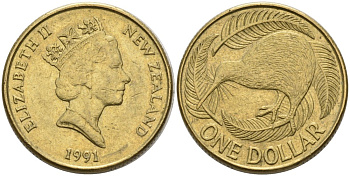 Новая Зеландия 1 доллар 1991 Елизавета II (1952-2022), птица киви KM 78 алюминиевая бронза 29-521