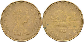 Канада 1 доллар 1987 утка, Елизавета II KM 157 никель плакированный алюминиевой бронзой 63-444