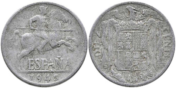 ИСПАНИЯ 10 СЕНТИМО 1945 РЫЦАРЬ НА КОНЕ KM 766 алюминий 110-932