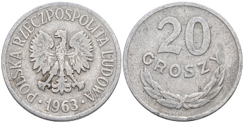 Польша 20 грошей 1963 Кремница KM A47 алюминий 3336-531