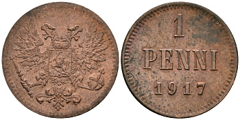Россия для Финляндии 1 пенни 1917 временное правительство (03.19817-10.1917), без короны KM 16, Биткин 5 медь 4580-1248
