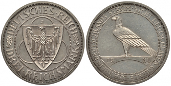 Германия 3 марки 1930 J, освобождение Рейнлянда J. 345, KM 70 серебро UNC 00-814-75