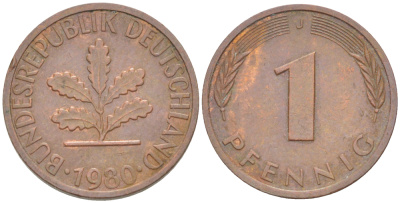 ФРГ 1 ПФЕННИГ 1980 J KM 105, J. 380 сталь плакированная медью 4181-637