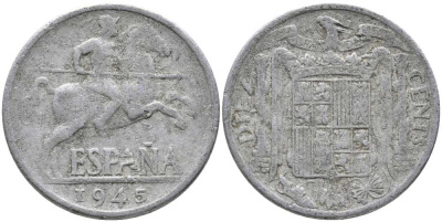 ИСПАНИЯ 10 СЕНТИМО 1945 РЫЦАРЬ НА КОНЕ KM 766 алюминий 110-932