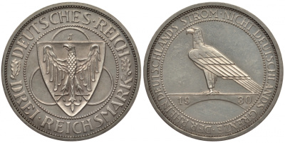 Германия 3 марки 1930 J, освобождение Рейнлянда J. 345, KM 70 серебро UNC 00-814-75