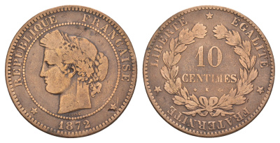 Франция 10 сантимов 1872 K KM 815.2, Le Franc 135/9 бронза 4657-544