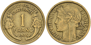 Франция 1 франк 1936 KM 885, Le Franc 219.2 алюминиевая бронза 4142-836