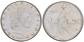 ИТАЛИЯ 50 ЛИР 1990 R, КУЗНЕЦ, ВУЛКАН БОГ ОГНЯ, ДИАМЕТР 16,5 ММ. KM 95.2 нержавеющая сталь 4528-111