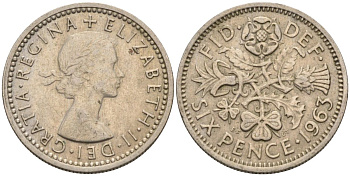 Великобритания 6 пенсов 1963 Елизавета II (1952-2022) KM 903, Spink 4149 медно-никель 4115-734