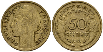 Франция 50 сантимов 1941 KM 894.1, Le Franc 192.15 алюминиевая бронза 4158-712