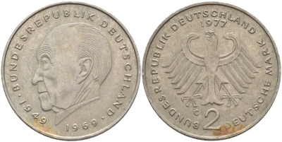 ФРГ 2 марки 1977 G, Конрад Аденауэр, 20 лет Федеративной Республике (1949-1969) KM 124, J. 406 медно-никель плакированный никелем 4139-214