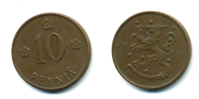 Финляндия 10 пенни 1921 республика (1918-1962) KM 24 медь 46-127