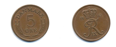 ДАНИЯ 5 ЭРЕ 1970 C; S, ФРЕДЕРИК IX (1947-1972) KM 848.1 бронза 4379-1024