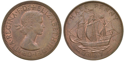 Великобритания 1/2 пенни 1967 Елизавета II (1952-2022) KM 896, Spink 4158 бронза 4681-1021