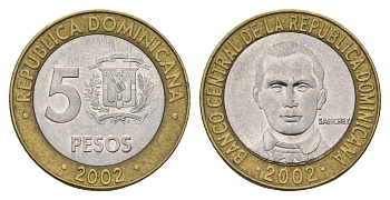 Доминиканская Республика (Доминикана) 5 песо 2002 Санчес KM 89 биметалл 4703-441