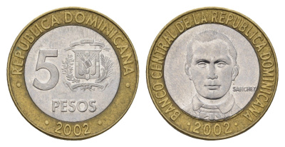Доминиканская Республика (Доминикана) 5 песо 2002 Санчес KM 89 биметалл 4703-441
