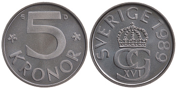 Швеция 5 крон 1989 D, Карл XVI Густав (1973- ) KM 853 медно-никель PROOFLIKE 3897-1112