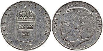Швеция 1 крона 1984 Карл XVI Густав (1973- ) KM 852a медно-никель 4397-1134