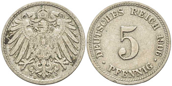 ГЕРМАНИЯ 5 ПФЕННИГОВ 1906 D KM 11, J. 12 медно-никель 105-121